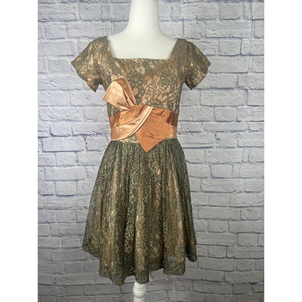 Vtg 60s 50s Green Lace Cocktail Dress Audrey Hepburn Peach Bow